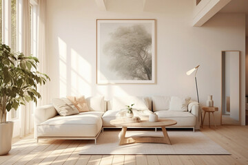 Elegant white frame amidst beige and Scandinavian ambiance, offering a glimpse of a modern living space's elegance - plain walls, wooden floor, and a hint of greenery.