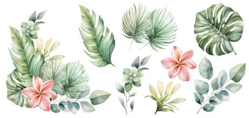 Fotobehang Watercolor tropical bouquet with flowers and green palm leaves isolated illustration © EvgeniiasArt