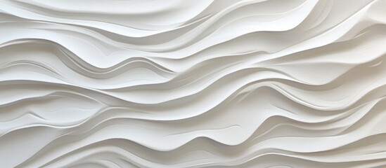A close up of a white wall with waves pattern resembling an Aeolian landform. The landscape art features grey, wood, metal, and sand elements with a sloping design influenced by wind