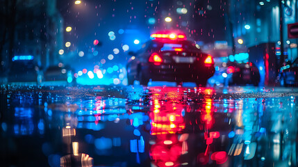 A police car with blue and red lights flashing, reflected in the rain-slicked streets of a bustling urban metropolis at night. 