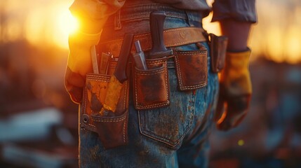 In the fading light of the setting sun In a mechanical room of a commercial building, an HVAC technician wears a tool belt packed with tools needed for servicing heating, ventilation, and air conditio