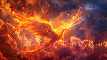 Fiery phoenix flying in the red cloud sky
