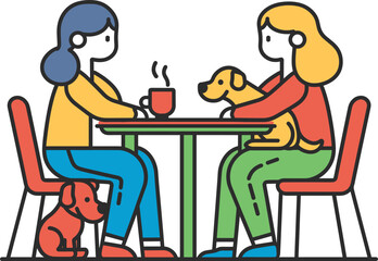 Happy pets with owners having great time while drinking tea or coffee sitting at the table. Dog sits on knees of girl. Pet friendly place for animal owners.