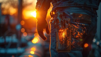 In the fading light of the setting sun In a mechanical room of a commercial building, an HVAC technician wears a tool belt packed with tools needed for servicing heating, ventilation, and air conditio