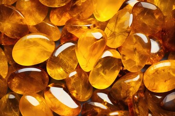 Unique pieces of transparent yellow amber on a white background. Two large reddish yellow polished amber. Macro photography of vintage pieces of amber