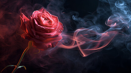 rose wrapped in red smoke swirl on black background. generative ai 