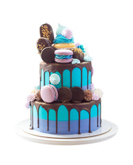 Layered blue cake on cake stand on a white background. A picture for a menu or a catalog of...