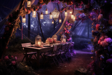 Romantic tent in the fantasy forest with flowers and lanterns.	Festive table with candles. - Powered by Adobe