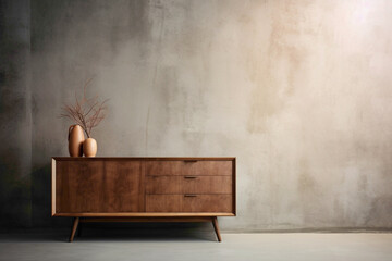 Imagine a contemporary interior with a wooden cabinet and dresser against a textured concrete...