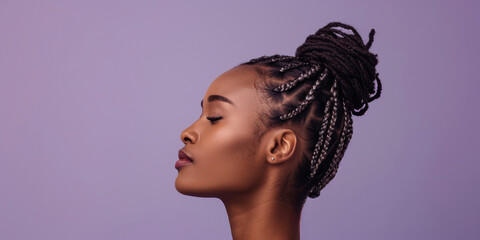 Serene Beauty Portrait with Stylish Braided Hairstyle, Profile View, African American girl, young woman, banner with copy space - obrazy, fototapety, plakaty