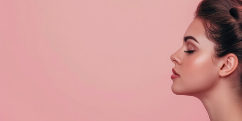 Naklejka premium Side Profile of a Young Woman with Flawless Skin and Refined Makeup Against a Pink Background, banner with copy space