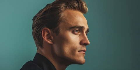 Profile Portrait of a Serious Looking Man with Slicked-Back Hair, banner with copy space - obrazy, fototapety, plakaty