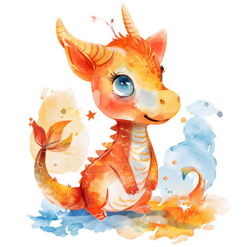 illustration of cartoon-style dragon in a watercolor aesthetic with mythical animals on transperent background.