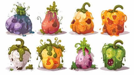 Hazardous rotten vegetables with mold and rot. Cartoon modern illustration of spoiled foods for composting or recycling. Unhealthy meal with mold contaminated with fungi.