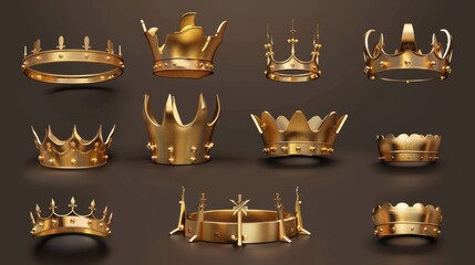 The golden crown of a king in different angles. 3d illustration of a simple gold royal symbol. Medieval royal emblem or game item of precious items. Kingdom winner trophy.