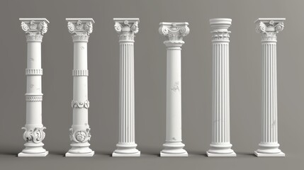 Roman column made of white clay. 3D modern illustration set of greek stone pillar of temple building. Antique marble colonnade for design of historical construction facades.