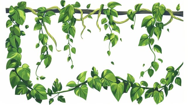 Green jungle liana vines with green leaves. Cartoon modern illustration collection of rainforest trees with creeping branches. Long ivy climbing plant stems and ropes. Tropical hanging vegetation.