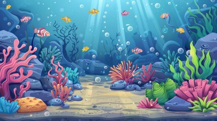 Fototapeta na wymiar A cartoon nautical floor landscape with tropical aquatic creatures and corals, weeds and rocks. Deep underwater sea, ocean or aquarium sand bottom.