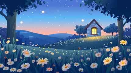 Poster At night, a distant single rural house stands on a hill with flowers and fireflies in the windows. Cartoon spring or summer scenery with blossoms and trees. © Mark