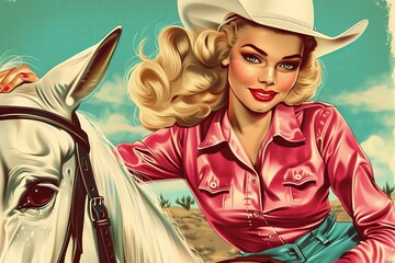 vintage americana illustration blond retro cowgirl with a white hat and pink cowboy clothes on a white horse - obrazy, fototapety, plakaty