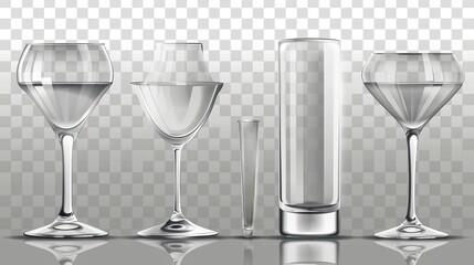 Modern illustration of an empty clean cup for alcohol, juice, and water, light reflection on clear glassware surface. A party design element.