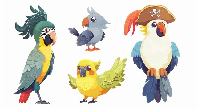 A cute bird set isolated on white background. Modern illustration of an exotic cockatoo parrot, a comic feathered mascot in a pirate hat with a spyglass, a gray dove and a yellow canary.