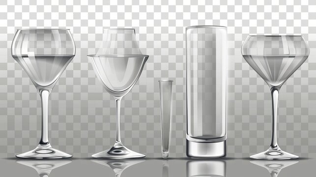 Modern illustration of an empty clean cup for alcohol, juice, and water, light reflection on clear glassware surface. A party design element.