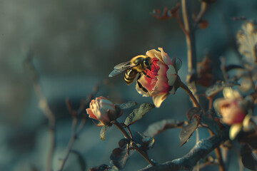 Überlebenskampf: Biene auf der letzten Blume in einer postapokalyptischen, dystopischen Umgebung - obrazy, fototapety, plakaty
