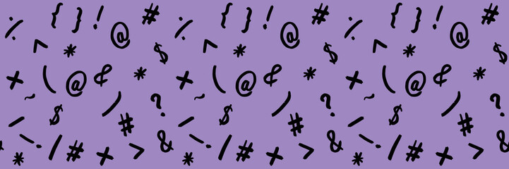 pattern with the image of keyboard symbols. Punctuation marks. Template for applying to the surface. pastel violet background. Keyboard symphony. Horizontal image. Banner for insertion into site.