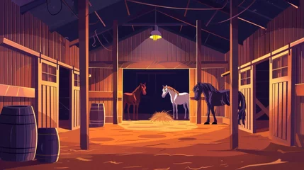 Poster Agricultural barn at night with animals in stall. Cartoon modern illustration of dark farm barn inside with wood panels and gates, haystacks and barrels. Farm animals in a ranch shed paddock at © Mark