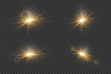 Collection of glowing light effects. Sparkling glare and shining stars, bright flashes of lights and light. On a transparent background.