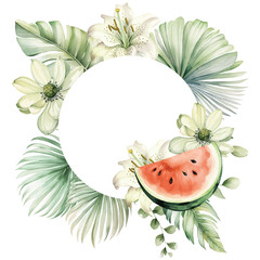 Watercolor tropical bouquet with watermelon, flowers and palm leaves illustration
