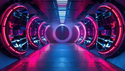 Cyberpunk sci-fi product podium showcase in spaceship base with blue and pink background, Futuristic Sci Fi Empty Stage neon in a room, Futuristic pedestal for product presentation background
