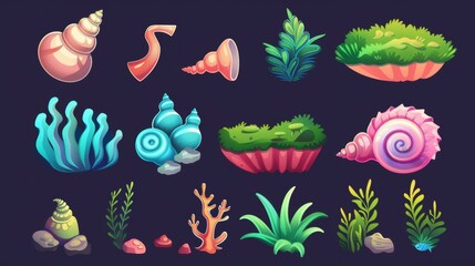 An underwater spiral clam conch in bright tropical colors for game level rank design. Illustration set of a coral and algae seashell. - obrazy, fototapety, plakaty