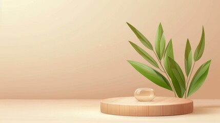 The cylinder podium is adorned with green leaves or grass and a glass decoration on a pastel beige gradient background. A realistic modern illustration of a natural brown product display platform