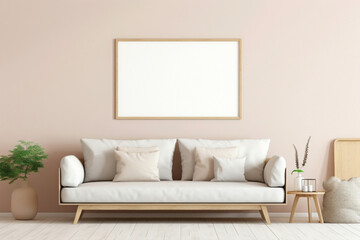 Experience the harmony of a single beige and Scandinavian sofa with a white blank empty frame for...