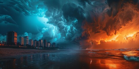 an apocalyptic storm on the beach with tall buildings in background