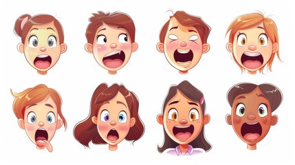 Animated child's mouth kit. Cartoon modern illustration set showing female child avatar with various lip and tongue positions while saying the alphabet.