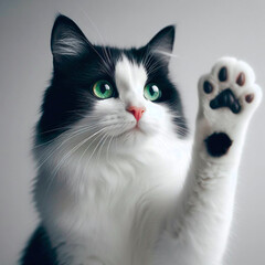 Portrait of a black and white cat with green eyes holding paw up