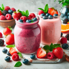 Smoothies with fresh berries and yogurt in a glass jar, selective focus.
