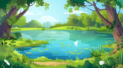 Fotobehang Animated modern summer forest landscape with lake. Little pond with blue clear water, grassy shore, trees with moss and bushes. Spring panoramic nature scene with woodland and dam. © Mark