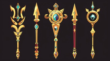 Fototapeta na wymiar Modern cartoon illustration of golden spear forks decorated with gemstones, gaming rank assets, Poseidon power symbol, nautical weapon, UI design elements.
