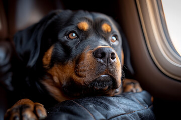 Thoughtful Rottweiler on a leather chair