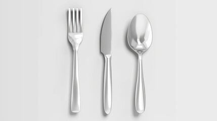 This modern realistic illustration shows a 3D set of fork, knife, and spoon on a white background. The design represents a modern restaurant kitchen flatware design, and is ideal for use in