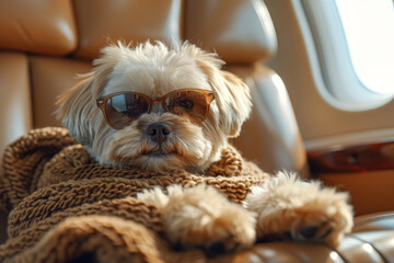 Schnauzer with Sunglasses on Private Jet