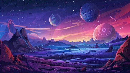 This is a cartoon illustration of a cosmic landscape with alien planets and craters in the deep cosmos sky with space bodies. This is a fantasy universe object scenery for exploration concept.