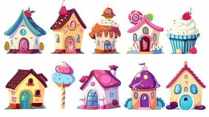 Various sweet fantasy dessert homes made out of cake, cookie, chocolate, a lollipop, and berries. This is a cartoon modern illustration set of cute fantasy dessert homes for candyland design.