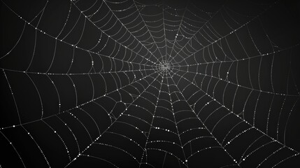 Arachnid trap for insects. Modern scary spooky cobweb web on black background. Creepy decoration texture with thin sticky thread line on dark. Creepy spider web background for halloween concept.