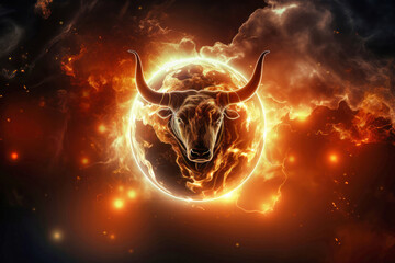 A bull with horns is engulfed by intense flames in this dramatic depiction