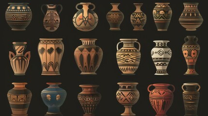An ancient set of ancient vases isolated on a black background. Illustration of an antique pottery set, vessels with cracks and ornament patterns, a brown clay jar, an amphora, a ceramic urn, and a - obrazy, fototapety, plakaty